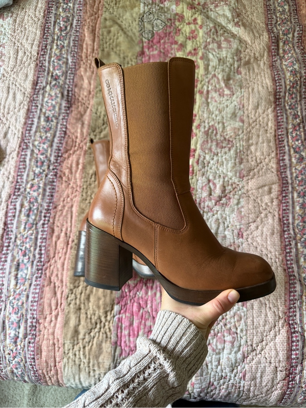 COCLICO Tan Leather Mid-Calf Block Heel Boots
